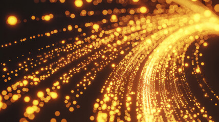 Glowing optical fibers represent digital communication and data transfer in modern networks. Hyperrealistic 3D rendering illustrating high-speed connectivity, technology, and innovation in a futuristi