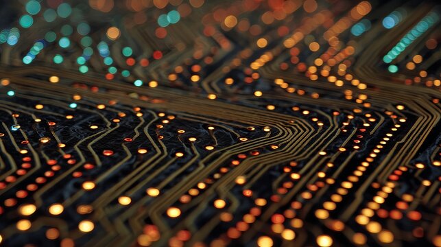 Vibrant glowing circuit board pathways with colorful bokeh lights creating a dynamic digital network effect
