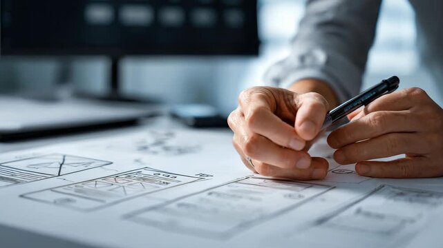 Medium shot of a designer sketching wireframes for a sleek web interface focused on seamless navigation and user engagement.