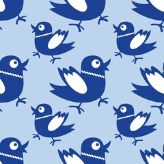 Cartoon seamless background in blue and white for kids. Seamless texture tile with vintage motives.
Cheerful regular pattern for children with birds. Blue and white design for printing.