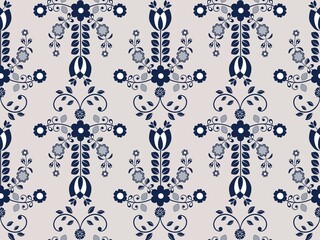 Cartoon seamless background in blue and white for kids. Seamless texture tile with vintage motives.
Cheerful regular pattern for children with birds. Blue and white design for printing.