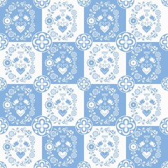 Cartoon seamless background in blue and white for kids. Seamless texture tile with vintage motives.
Cheerful regular pattern for children with birds. Blue and white design for printing.