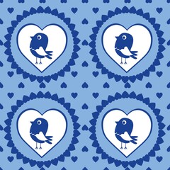 Cartoon seamless background in blue and white for kids. Seamless texture tile with vintage motives.
Cheerful regular pattern for children with birds. Blue and white design for printing.