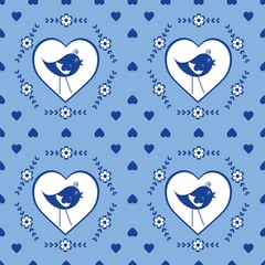 Cartoon seamless background in blue and white for kids. Seamless texture tile with vintage motives.
Cheerful regular pattern for children with birds. Blue and white design for printing.