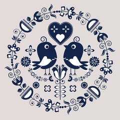 Cartoon seamless background in blue and white for kids. Seamless texture tile with vintage motives.
Cheerful regular pattern for children with birds. Blue and white design for printing.