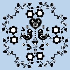 Cartoon seamless background in blue and white for kids. Seamless texture tile with vintage motives.
Cheerful regular pattern for children with birds. Blue and white design for printing.