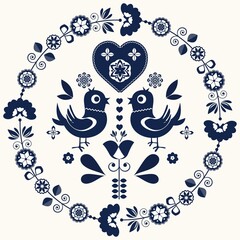 Cartoon seamless background in blue and white for kids. Seamless texture tile with vintage motives.
Cheerful regular pattern for children with birds. Blue and white design for printing.