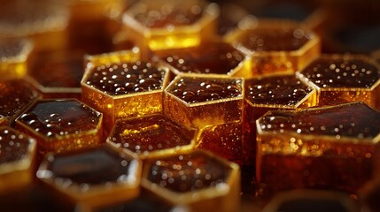 Liquid gold glistening in perfect honeycomb cells, a rich, natural close-up capturing the sweet essence of pure honey