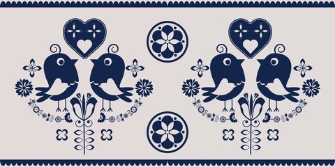 Cartoon seamless background in blue and white for kids. Seamless texture tile with vintage motives.
Cheerful regular pattern for children with birds. Blue and white design for printing.