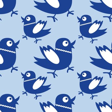 Cartoon seamless background in blue and white for kids. Seamless texture tile with vintage motives.
Cheerful regular pattern for children with birds. Blue and white design for printing.