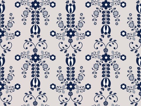 Cartoon seamless background in blue and white for kids. Seamless texture tile with vintage motives.
Cheerful regular pattern for children with birds. Blue and white design for printing.