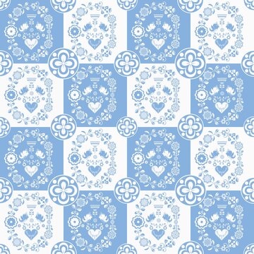 Cartoon seamless background in blue and white for kids. Seamless texture tile with vintage motives.
Cheerful regular pattern for children with birds. Blue and white design for printing.