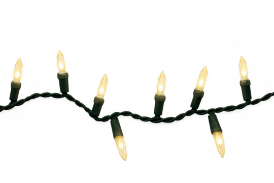 Glowing christmas string lights on dark green wire against a transparent background creating a festive holiday decoration