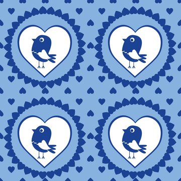 Cartoon seamless background in blue and white for kids. Seamless texture tile with vintage motives.
Cheerful regular pattern for children with birds. Blue and white design for printing.