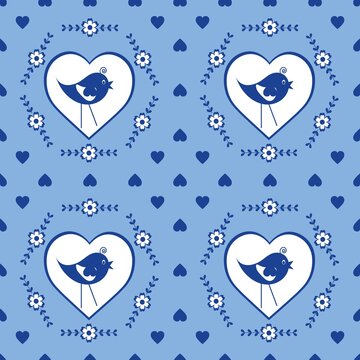 Cartoon seamless background in blue and white for kids. Seamless texture tile with vintage motives.
Cheerful regular pattern for children with birds. Blue and white design for printing.