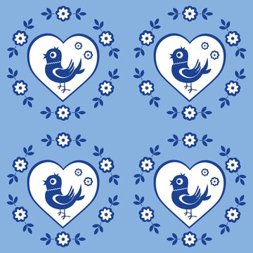 Cartoon seamless background in blue and white for kids. Seamless texture tile with vintage motives.
Cheerful regular pattern for children with birds. Blue and white design for printing.