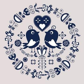Cartoon seamless background in blue and white for kids. Seamless texture tile with vintage motives.
Cheerful regular pattern for children with birds. Blue and white design for printing.