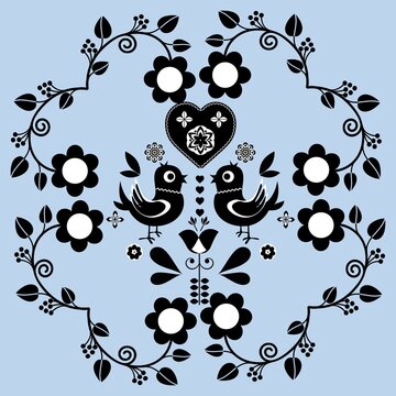 Cartoon seamless background in blue and white for kids. Seamless texture tile with vintage motives.
Cheerful regular pattern for children with birds. Blue and white design for printing.