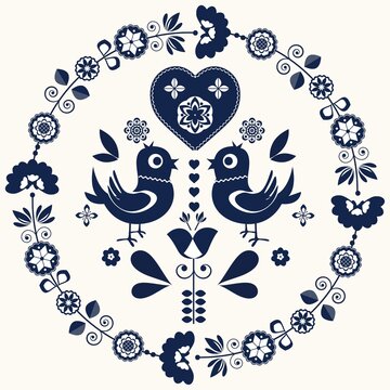 Cartoon seamless background in blue and white for kids. Seamless texture tile with vintage motives.
Cheerful regular pattern for children with birds. Blue and white design for printing.