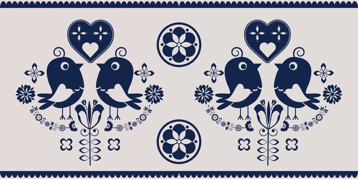 Cartoon seamless background in blue and white for kids. Seamless texture tile with vintage motives.
Cheerful regular pattern for children with birds. Blue and white design for printing.