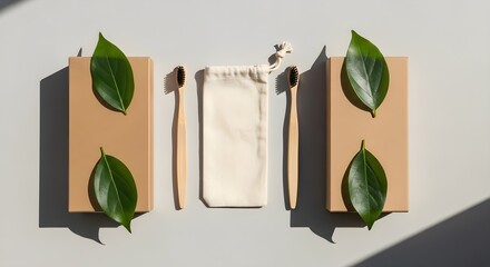 Eco friendly bamboo toothbrushes with green leaves on a sustainable background