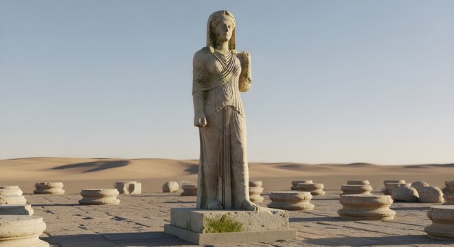 Ancient statue stands in a desert landscape with ruins under a clear blue sky