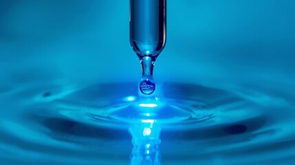 Droplet Splash on Calm Water Surface in Blue Light