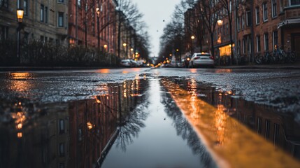 Rainy city street reflects warm glowing lights from buildings and streetlamps creating a moody, atmospheric urban scene after a downpour