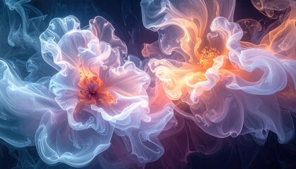 Abstract Ethereal Floral Forms Glowing With Warm Orange and Cool Blue Light Against Dark Textured Background