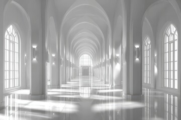 Fototapeta premium Serene white minimalist corridor with arched ceilings and reflective floors.