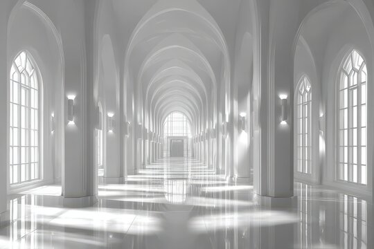 Serene white minimalist corridor with arched ceilings and reflective floors. - Powered by Adobe