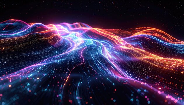 Abstract flowing particles creating glowing neon landscape of cosmic dust and light trails in deep space with vibrant blue and orange hues illuminated by starlight