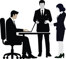 Three business people in suits in an office setting with a laptop and documents on a white background