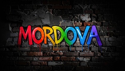 Colorful MORDVA word graffiti art painted on a distressed brick wall at night with drips and vibrant rainbow hues illuminated by dramatic lighting