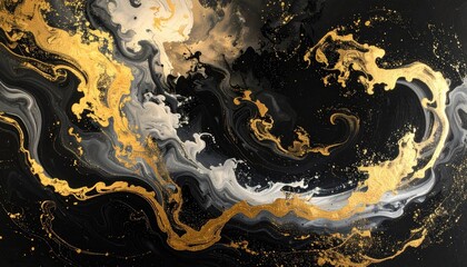 Abstract ink painting with swirling gold silver and black colors creating a dynamic cosmic texture with glittering particles on a dark background