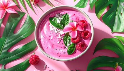 Pink Smoothie Bowl with Fresh Raspberries Mint and Coconut Flakes on Pink Background with Tropical Leaves