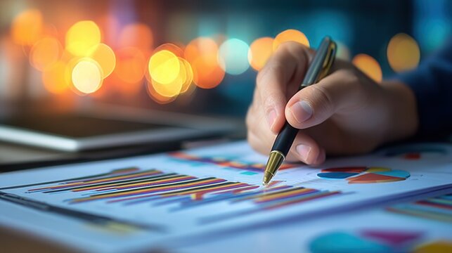 Analyzing Business Data With Charts and Graphs in a Modern Office Setting During Evening