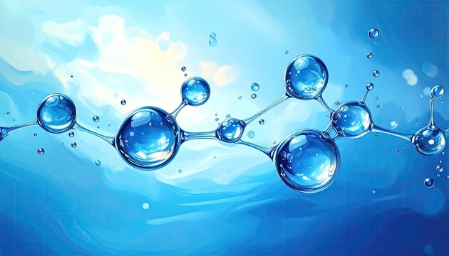 Abstract molecular structure visualization with clear blue water droplets suspended against a bright sky background with soft sunlight highlights