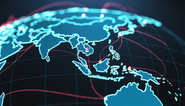 Illuminated digital map of the Asia-Pacific region showing glowing routes and network nodes that visualize connectivity, data flows, and transport links.