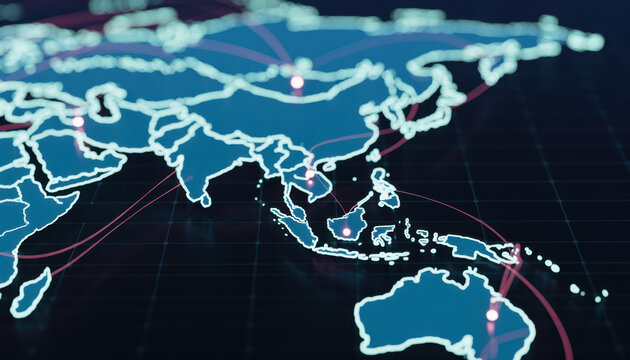 Illuminated digital map of the Asia-Pacific region showing glowing routes and network nodes that visualize connectivity, data flows, and transport links.