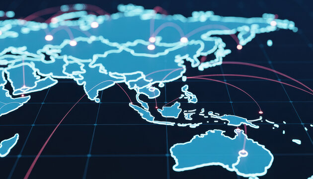 Illuminated digital map of the Asia-Pacific region showing glowing routes and network nodes that visualize connectivity, data flows, and transport links.