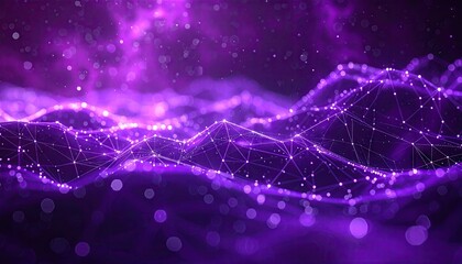 Abstract purple digital landscape with glowing particles and interconnected nodes representing a futuristic network or data flow with ethereal light and bokeh effects