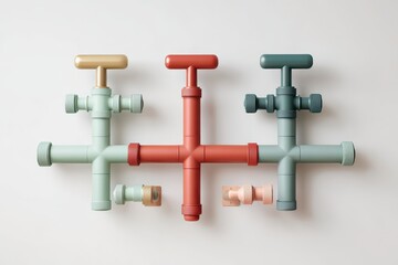 A minimalist design featuring an abstract network of colorful pipes and valves.