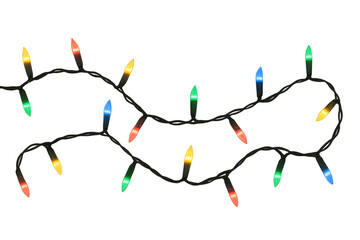 Obraz premium Colorful christmas lights string for holiday decoration, festive season illumination with multiple glowing bulbs, transparent background