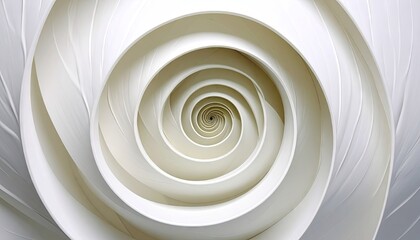Abstract spiral pattern of white layered petals creating a vortex effect with subtle texture and soft lighting in a detailed macro view