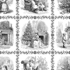 Traditional European Christmas scenes. Seamless vector pattern. Vintage engraving or ink drawing style vector illustration.