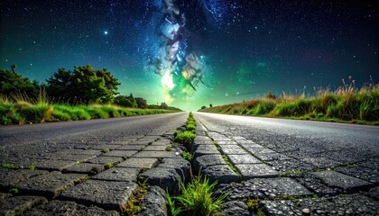 Cracked Asphalt Road Leads Towards a Starry Night Sky with Milky Way Over a Grassy Landscape