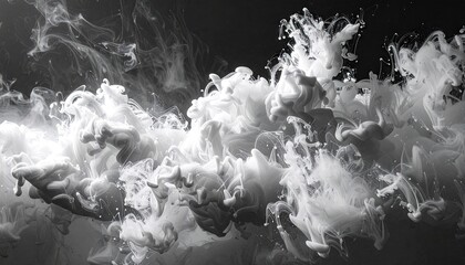 Abstract Swirling White Smoke and Particles Against a Dark Black Background with Dramatic Lighting Creating a Sense of Cosmic Nebulae or Deep Sea Bioluminescence