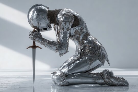A knight in ornate silver armor kneels with a sword, showing solemn devotion.