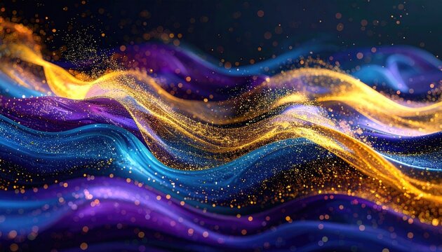 Abstract Swirling Waves of Blue and Purple with Golden Glittering Particles and Orange Light Streaks in Dark Background